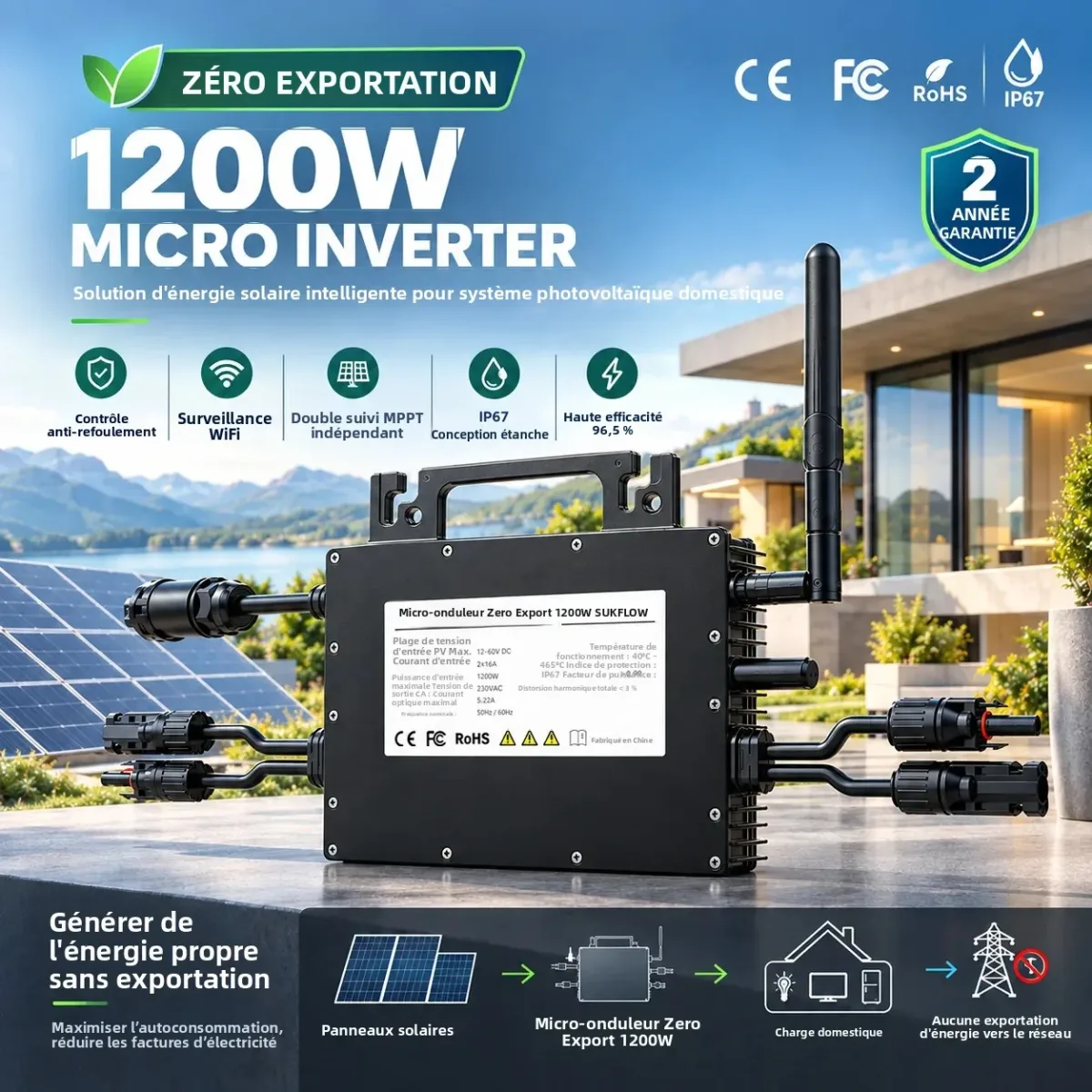 Micro-onduleur solaire de balcon 1200 W, Wi-Fi